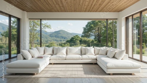 Spacious Minimalist Living Room with Large White Sofa and Scenic Mountain View