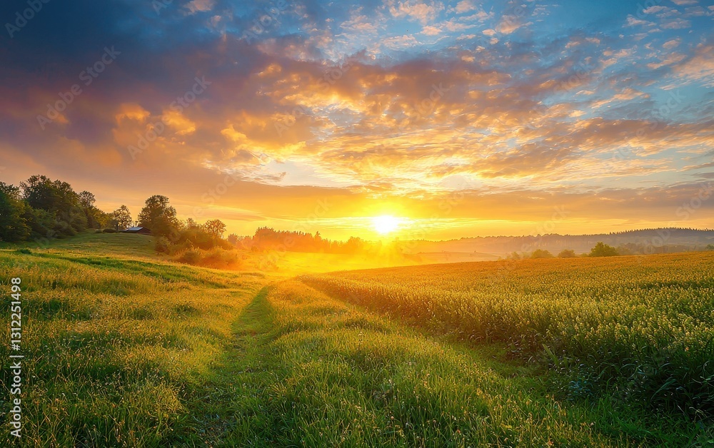 Sunrise Over A Countryside Spring Field Sunrise Over A Countryside Spring Field