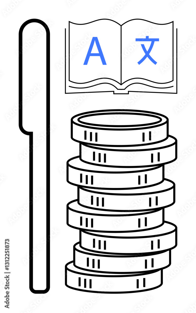 Open book with multilingual text above stacked coins and a pen, symbolizing language translation, financial transactions, learning, global communication, and education. Ideal for business Open book with multilingual text above stacked coins and a pen, symbolizing language translation, financial transactions, learning, global communication, and education. Ideal for business