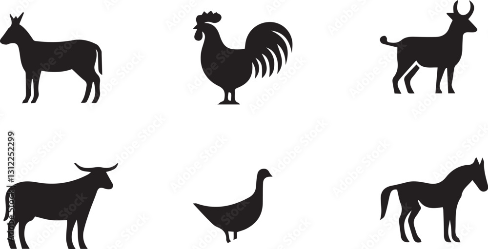 Obraz premium Farm animals silhouette hen horse donkey cow goat icon vector