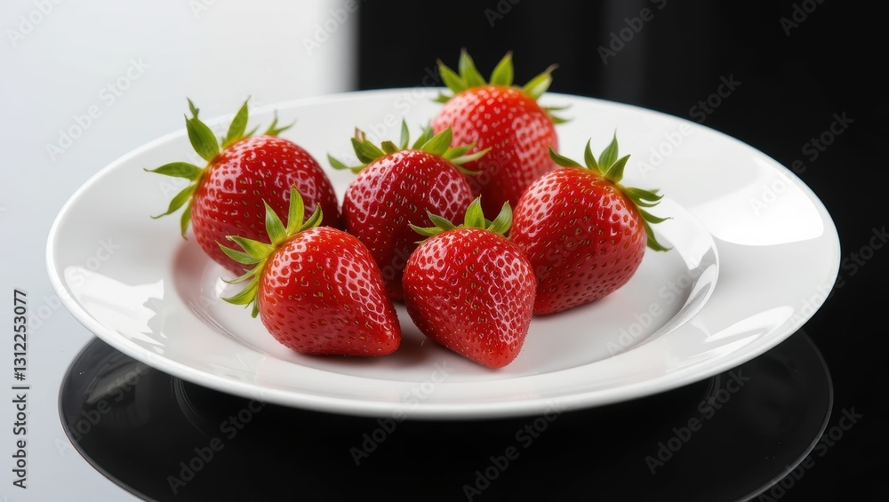Fresh Red Strawberries Arranged on a White Plate Against a Glossy Black Background Fresh Red Strawberries Arranged on a White Plate Against a Glossy Black Background