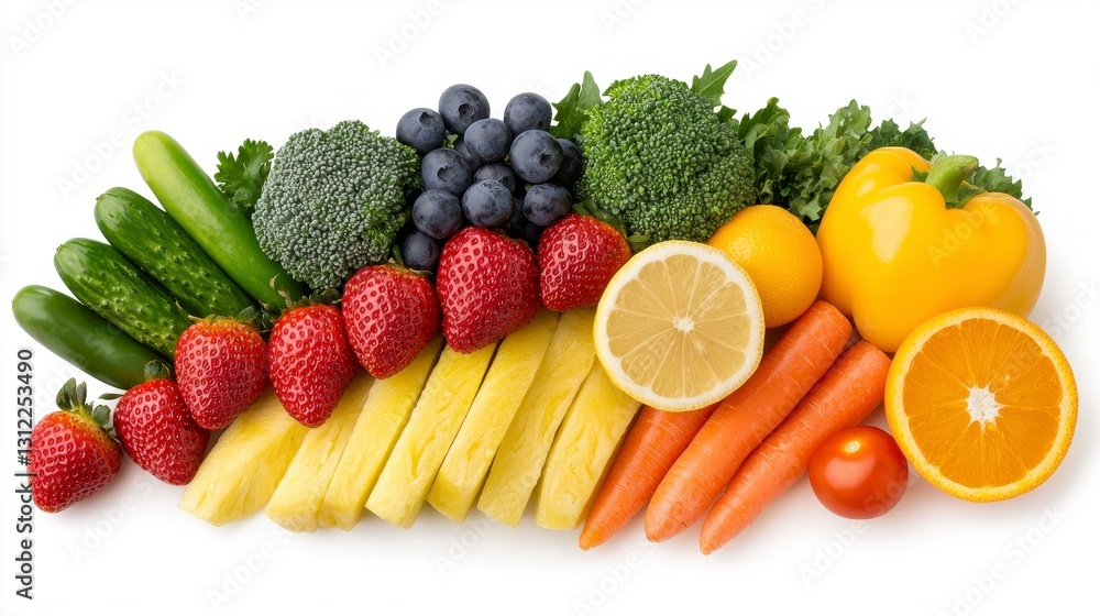 Vibrant display of fresh fruits and vegetables showcasing nature's bounty in a colorful and wholesome arrangement Vibrant display of fresh fruits and vegetables showcasing nature's bounty in a colorful and wholesome arrangement