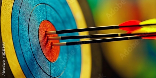 Close up of circular archery target with blue and red colors three arrows in center indoor range setting
