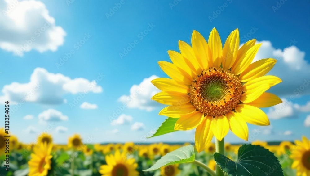 Large sunflower against cloudy blue sky, contrasting colors, summer, sunflower, contrast