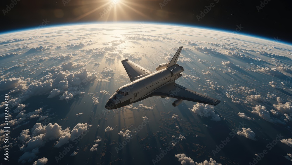 Space Shuttle Gliding Above Earth with Sunlight Breaking Through Clouds in the Cosmic Serenity Space Shuttle Gliding Above Earth with Sunlight Breaking Through Clouds in the Cosmic Serenity