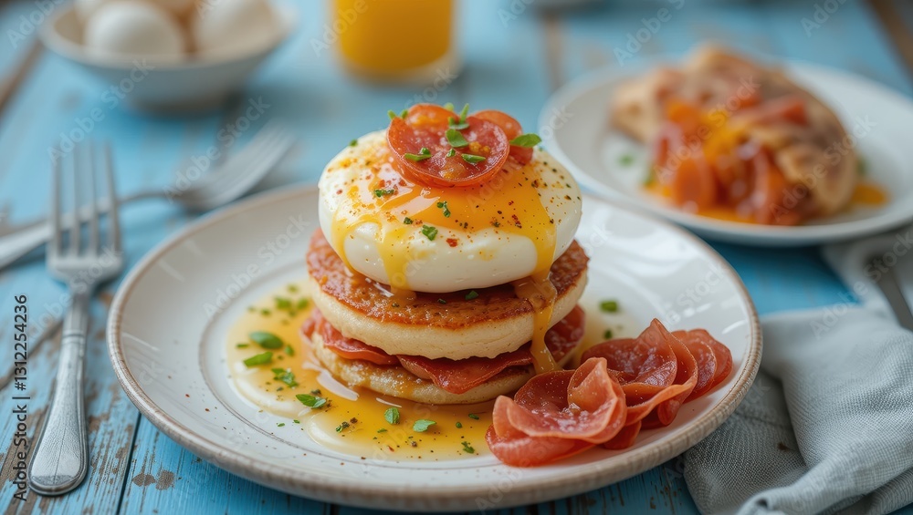Stacked Pancakes with Poached Eggs, Bacon, and Garnish on a Wooden Table Setting Stacked Pancakes with Poached Eggs, Bacon, and Garnish on a Wooden Table Setting