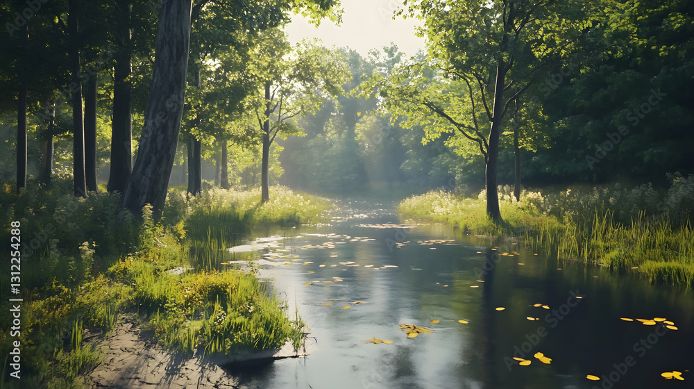 Fototapeta premium Serene Summer Creek in Lush Green Forest