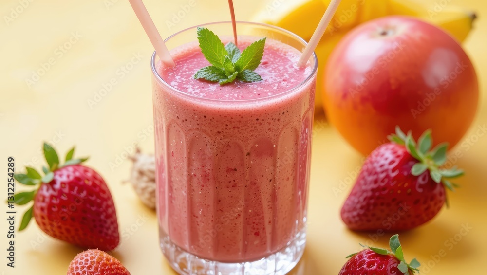 Refreshing Fruit Smoothie with Strawberries, Bananas, and Mint Leaves on a Vibrant Yellow Background Refreshing Fruit Smoothie with Strawberries, Bananas, and Mint Leaves on a Vibrant Yellow Background
