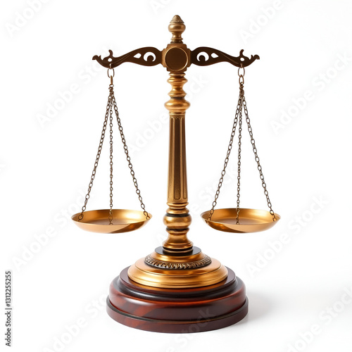 Bronze balance scale on wooden base, symbolizing justice and fairness, isolated on a white background.