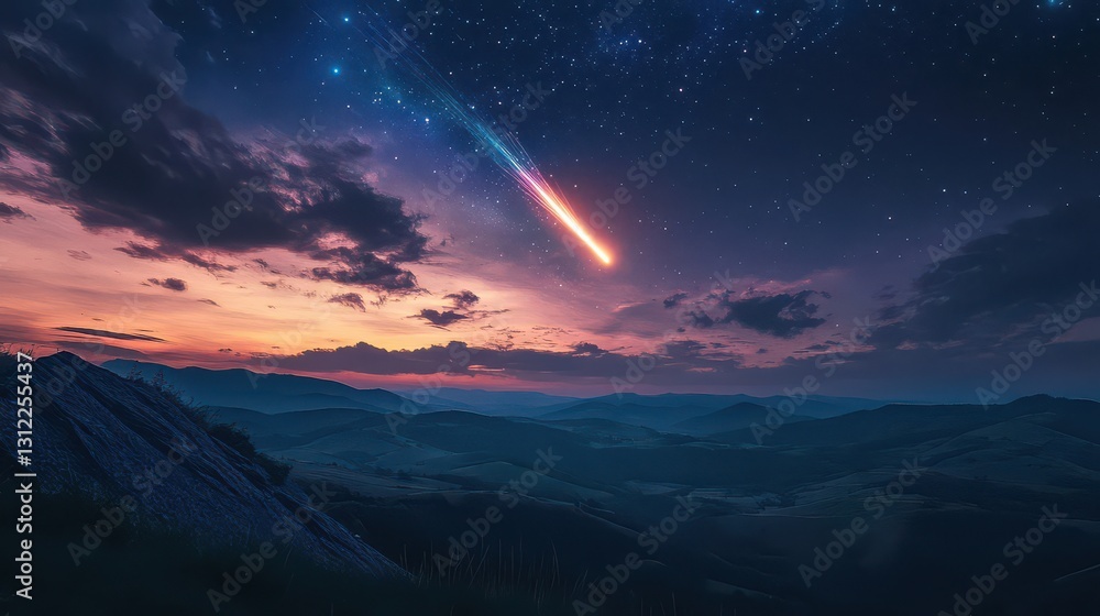 Naklejka premium Dramatic Night Sky with Meteor Over Mountains