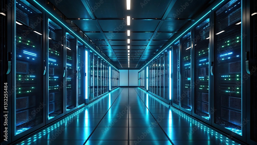 Obraz premium Futuristic server room with glowing blue lights.