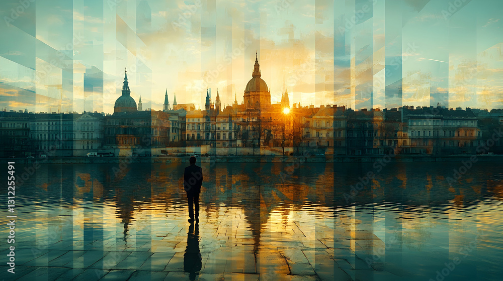 Obraz premium Silhouette of man admiring city skyline at sunset, reflected in water.