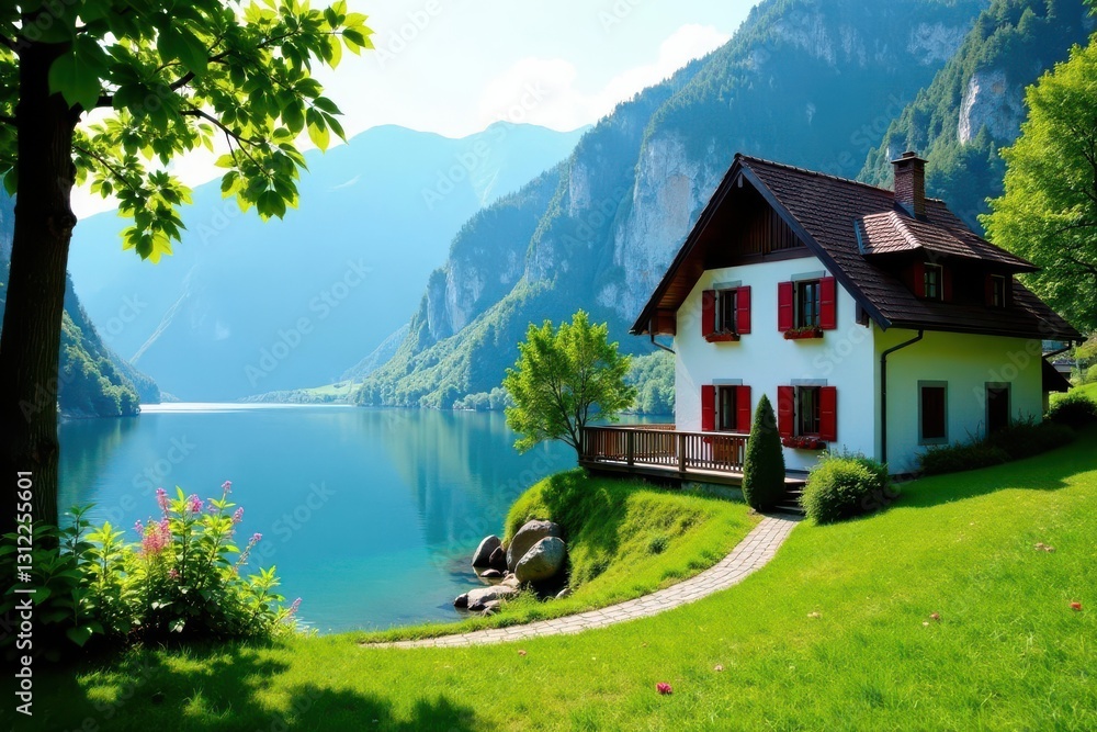 Fototapeta premium Quaint lakeside cottage, stunning Bohinj backdrop , nature, exterior