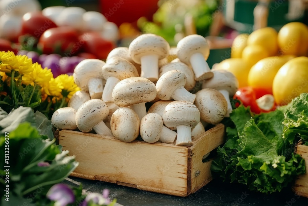 A farmer delivering fresh mushrooms to a local farmer market, with eco-friendly packaging highlighting sustainability A farmer delivering fresh mushrooms to a local farmer market, with eco-friendly packaging highlighting sustainability