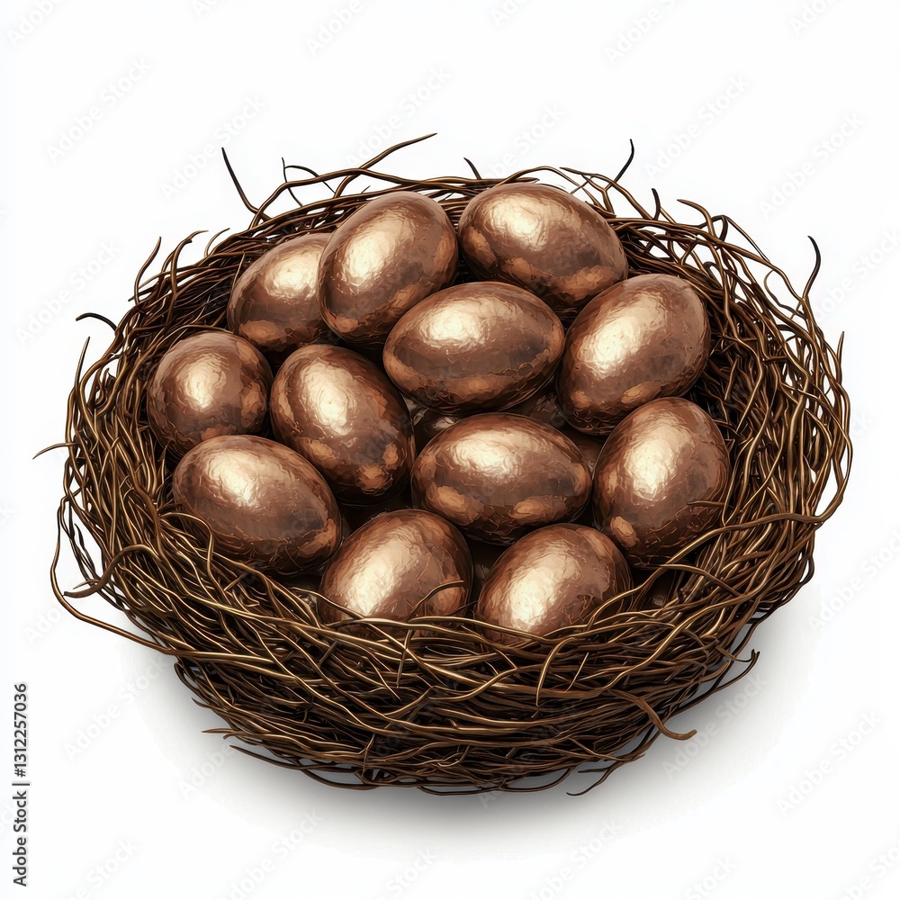 Realistic 3D Icon Cartoon of a Birds Nest Filled with Tiny Bronze Eggs isolated on clear white background Realistic 3D Icon Cartoon of a Birds Nest Filled with Tiny Bronze Eggs isolated on clear white background
