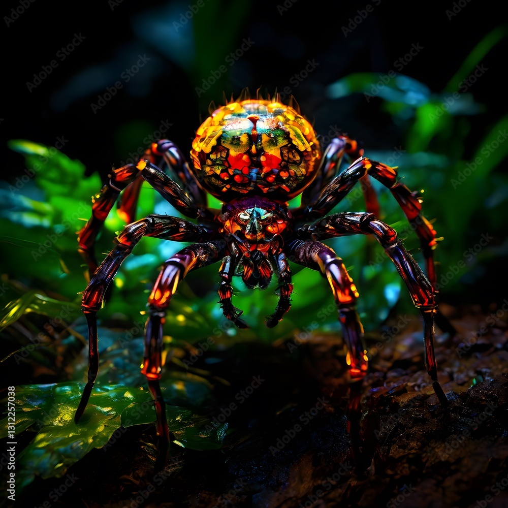 Fototapeta premium A vibrant spider in front of lush green foliage with a dark background.