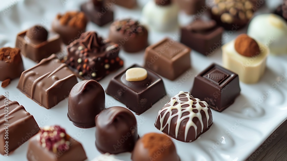A selection of fine chocolates arranged on a white serving tray, 35mm, f22, cinematic, wide angle lens. before A selection of fine chocolates arranged on a white serving tray, 35mm, f22, cinematic, wide angle lens. before