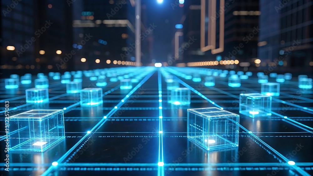 Futuristic city street with glowing data cubes. Futuristic city street with glowing data cubes.
