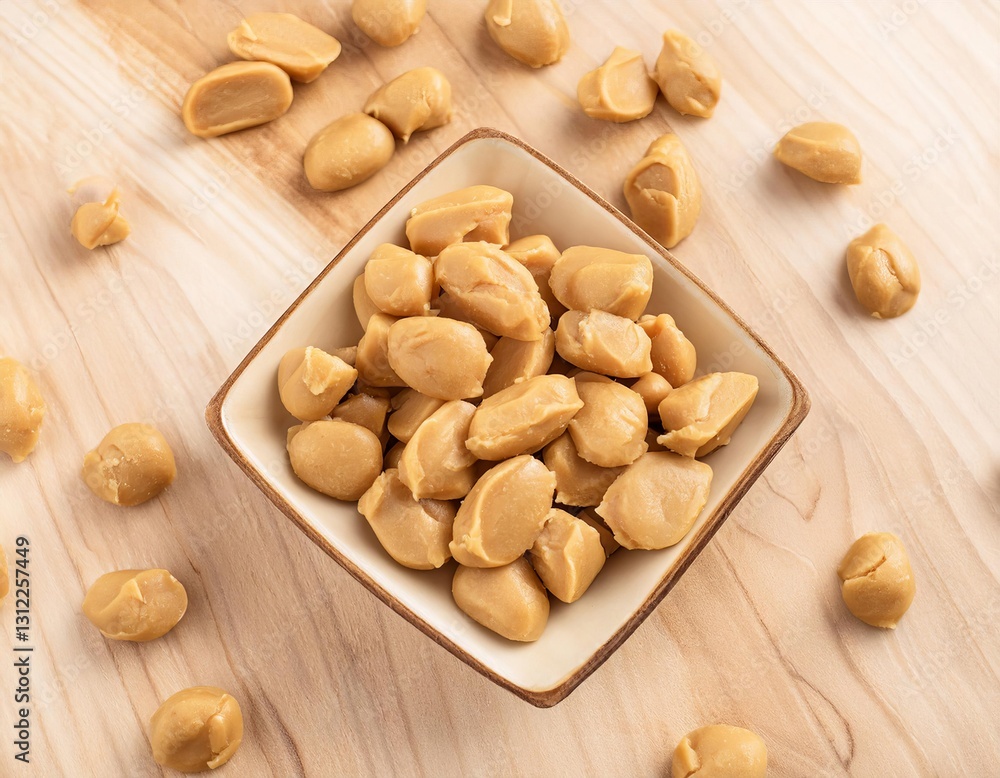 Low carb peanut butter candy filling a small bowl on wooden table Low carb peanut butter candy filling a small bowl on wooden table