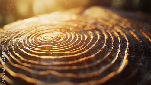 Golden Hour Tree Rings Close-up Texture of a Wooden Cross-Section