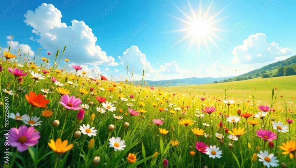 Sunlit meadow, abundant blooms, distant azure sky , bloom, flora, summer Sunlit meadow, abundant blooms, distant azure sky , bloom, flora, summer