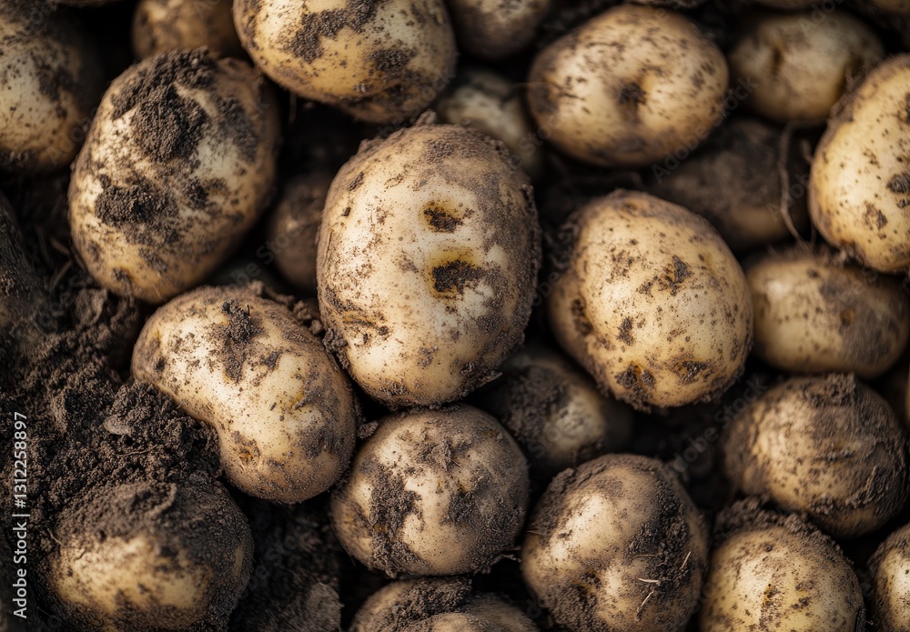 Freshly Harvested Potatoes with Soil on Farm Ground, Rustic Background, Natural Produce Ideal for Food and Organic Farming Photography Freshly Harvested Potatoes with Soil on Farm Ground, Rustic Background, Natural Produce Ideal for Food and Organic Farming Photography