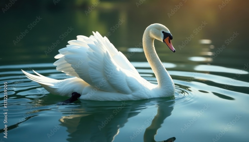 Fototapeta premium Single swan swimming, ripples spreading from its wings, action, water, bird