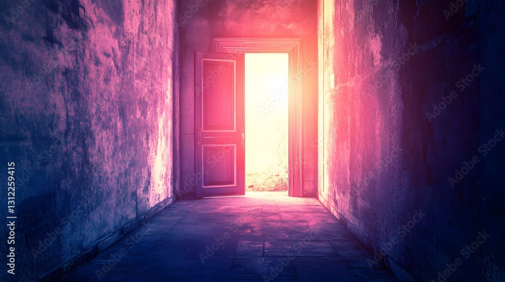 Obraz premium Bright Doorway in a Grunge Hallway Pink and Blue Light