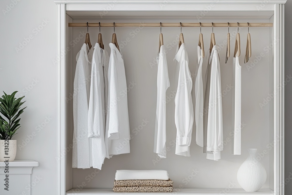 Vibrant Picture of White Clothes Hanging in a Wardrobe Vibrant Picture of White Clothes Hanging in a Wardrobe