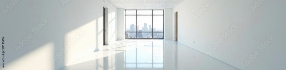 Fototapeta premium Bright white hallway, meeting room window view, professional, interior design photography, corporate