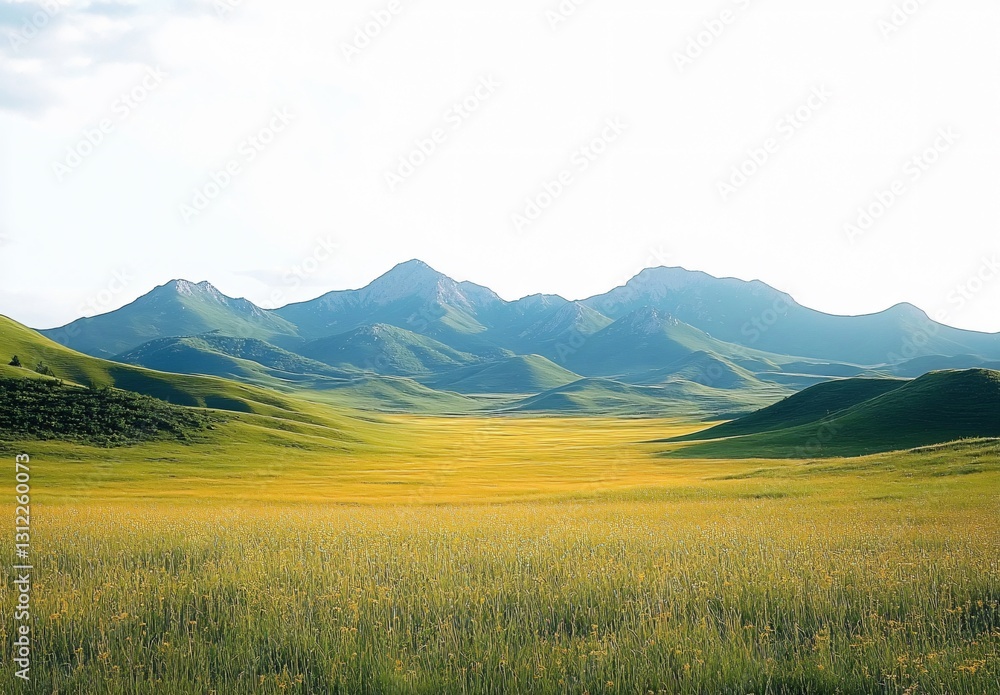 Scenic golden grass landscape with distant mountains, ideal for travel blogs, environmental awareness campaigns, or serene home decor. Perfect for summer and spring themes. Scenic golden grass landscape with distant mountains, ideal for travel blogs, environmental awareness campaigns, or serene home decor. Perfect for summer and spring themes.