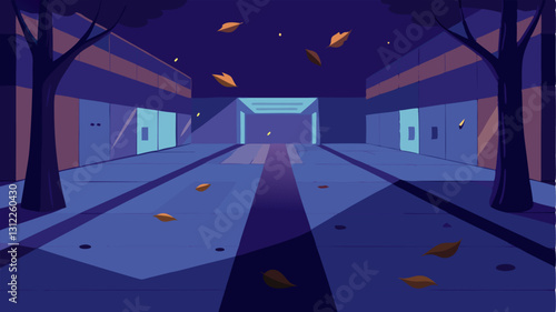 Twilight Ambiance A twilight scene with dim lighting illuminating an empty mall casting long shadows and echoing silence with tered leaves blown in.