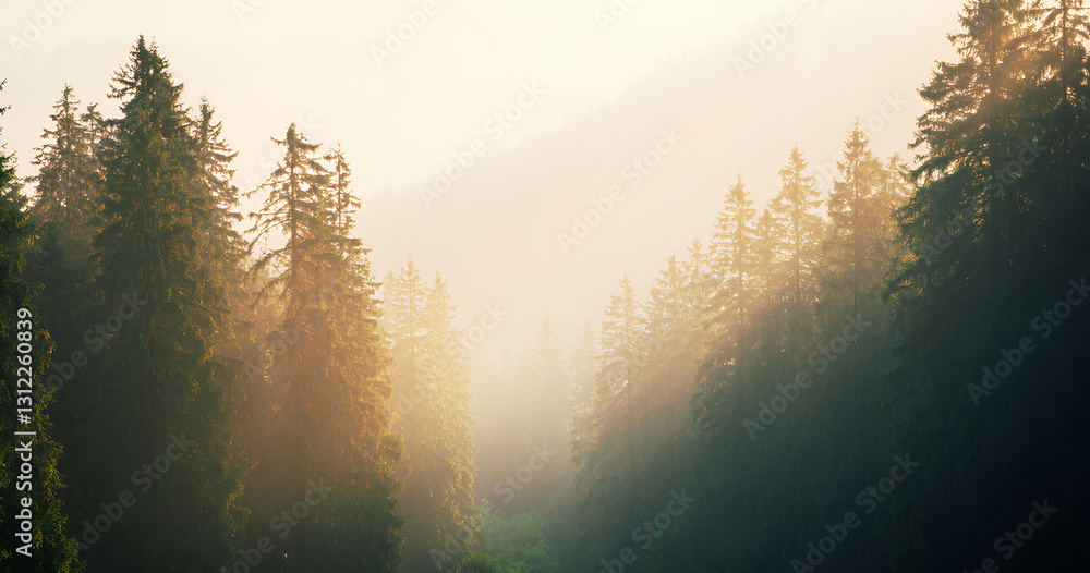 Obraz premium Misty Sunrise in a Pine Forest 