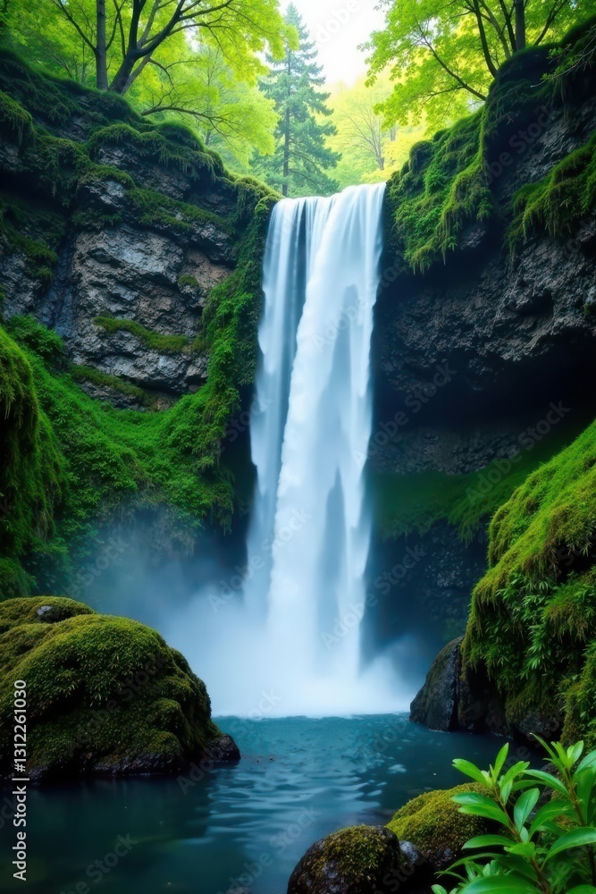 Fototapeta premium Waterfall plunges over moss-covered rocks, lush green valley , green, spring, landscape