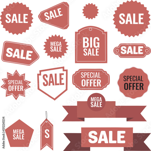 Vintage sale stickers, red and white color scheme, retro price tags, shopping discount labels, vector graphics, flat design, promotional badges, marketing elements
