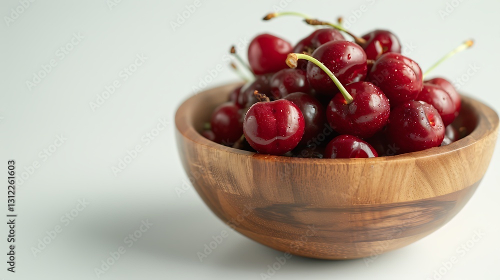 A small wooden bowl of freshly picked cherries, placed on a smooth white surface, 35mm, f22, cinematic, wide angle lens. before A small wooden bowl of freshly picked cherries, placed on a smooth white surface, 35mm, f22, cinematic, wide angle lens. before