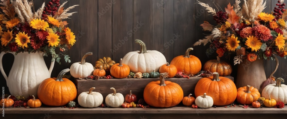 Vibrant Autumn Harvest with Colorful Pumpkins and Fall Flowers
