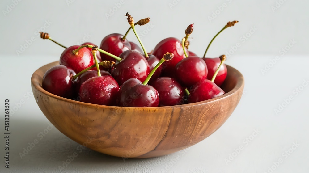 A small wooden bowl of freshly picked cherries, placed on a smooth white surface, 35mm, f22, cinematic, wide angle lens. before A small wooden bowl of freshly picked cherries, placed on a smooth white surface, 35mm, f22, cinematic, wide angle lens. before