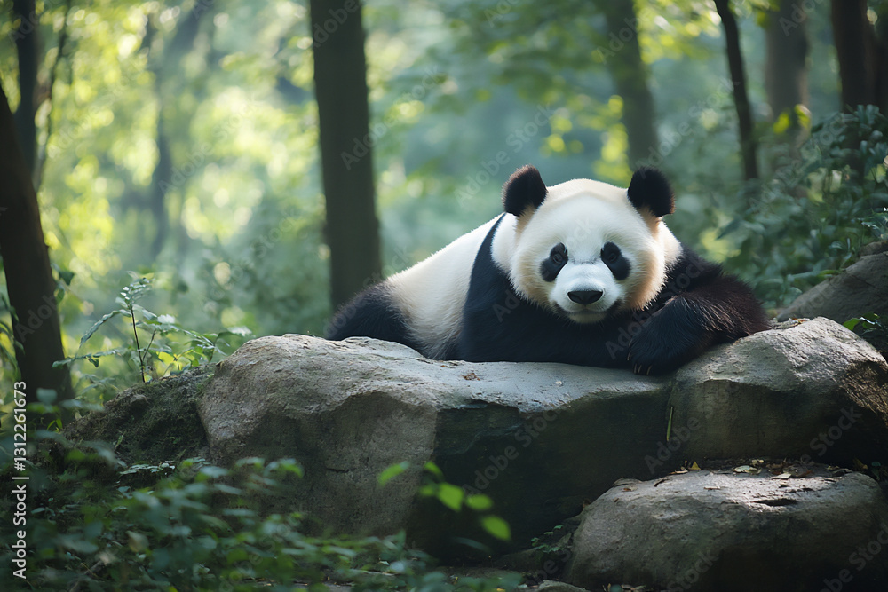 Fototapeta premium a panda is lying on the rock,