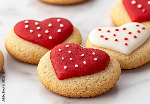 Close-up of various heart-shaped cookies decorated with red icing and sprinkles ideal for a valentine's day gathering