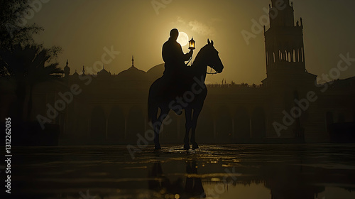 Silhouetted horseman with lantern at dawn in a plaza