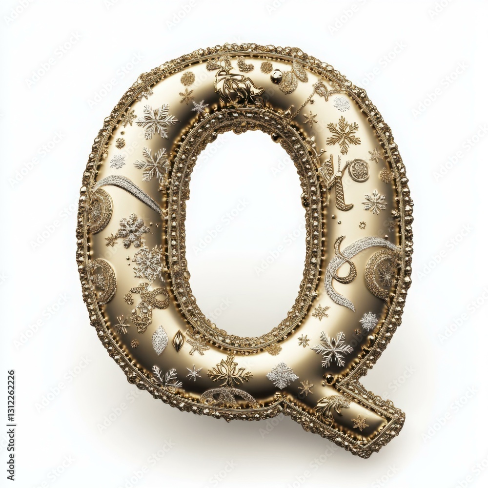 Intricate Golden Letter Q with Snowflake and Floral Designs Intricate Golden Letter Q with Snowflake and Floral Designs