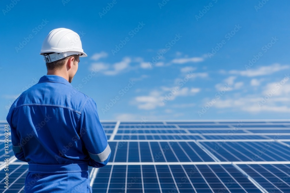 A technician inspects solar panels under a clear blue sky A technician inspects solar panels under a clear blue sky