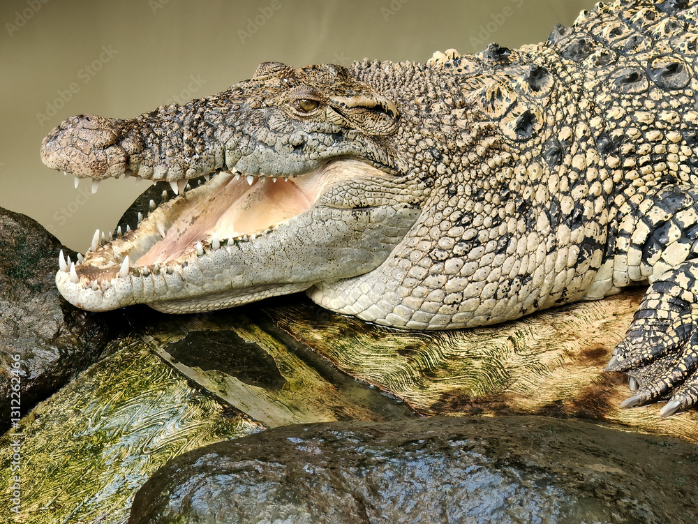 Fototapeta premium head of crocodile in the river. wild predator animal.