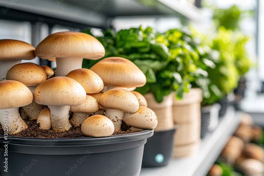 A fully automated mushroom growing system with robotic arms tending to the trays, creating a futuristic farming environment A fully automated mushroom growing system with robotic arms tending to the trays, creating a futuristic farming environment