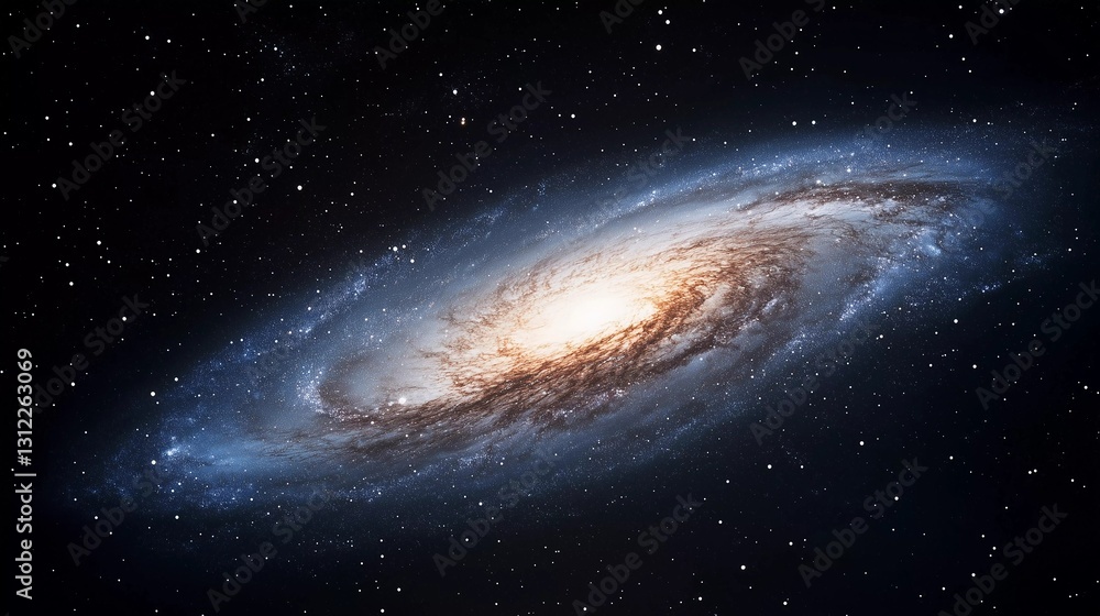 Fototapeta premium A spiral galaxy with a bright yellow star in the center. The galaxy is filled with stars and is surrounded by a dark blue sky