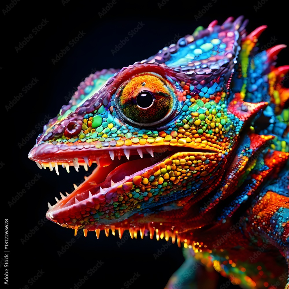 Naklejka premium A vibrant, colorful chameleon with a multi-colored textured skin and striking yellow eye.
