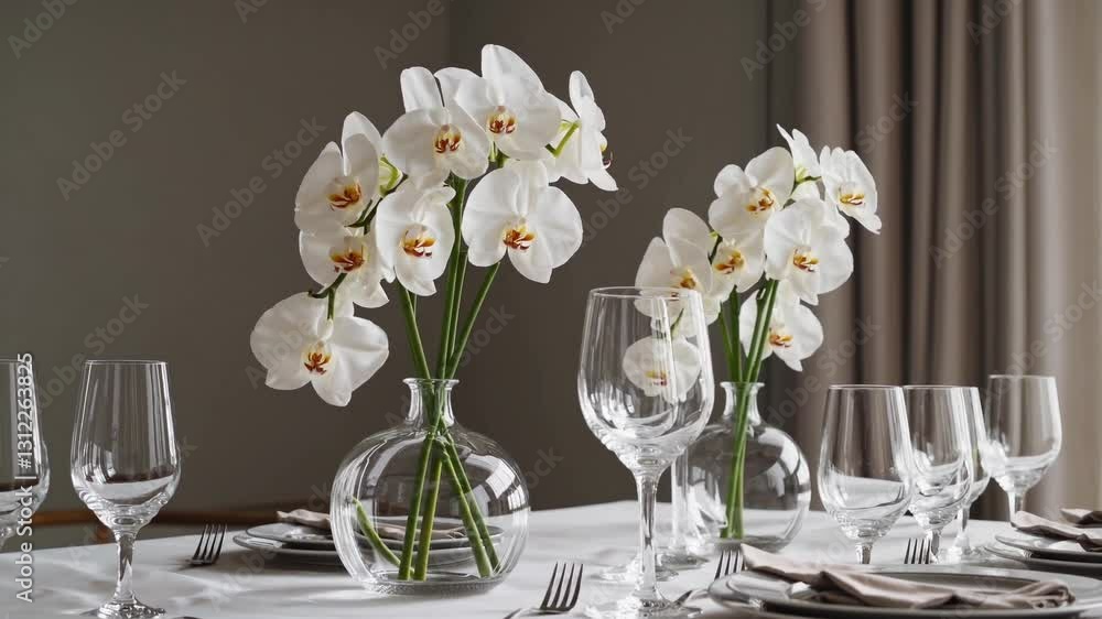 A sophisticated wedding table setting featuring elegant white orchids in glass vases, fine glassware, and neutral-toned tableware, creating a modern minimalist aesthetic with soft lighting A sophisticated wedding table setting featuring elegant white orchids in glass vases, fine glassware, and neutral-toned tableware, creating a modern minimalist aesthetic with soft lighting