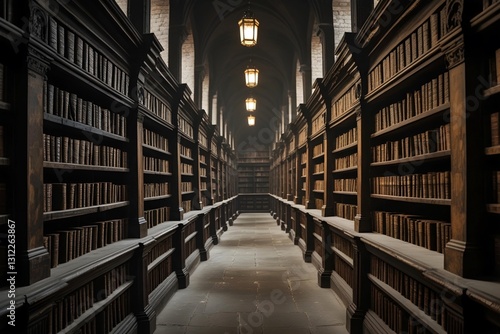Wallpaper Mural rows of old wooden bookshelves in a dimly lit, dust-filled library Torontodigital.ca