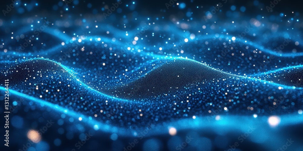 Visual representation of shimmering blue waves in a digital landscape with luminous particles illuminating the surface Visual representation of shimmering blue waves in a digital landscape with luminous particles illuminating the surface